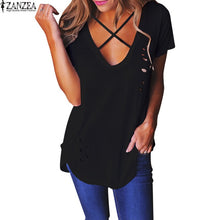 2017 ZANZEA Womens Plus Size Cotton Short Sleeve T-shirt Ladies Ripped Hole Deep V Neck Basic Plain Tops Lace Up Shirts Tees