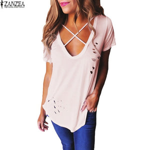 2017 ZANZEA Womens Plus Size Cotton Short Sleeve T-shirt Ladies Ripped Hole Deep V Neck Basic Plain Tops Lace Up Shirts Tees