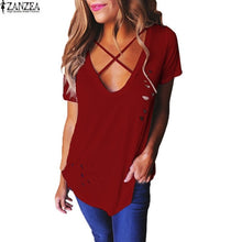 2017 ZANZEA Womens Plus Size Cotton Short Sleeve T-shirt Ladies Ripped Hole Deep V Neck Basic Plain Tops Lace Up Shirts Tees