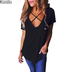 2017 ZANZEA Womens Plus Size Cotton Short Sleeve T-shirt Ladies Ripped Hole Deep V Neck Basic Plain Tops Lace Up Shirts Tees