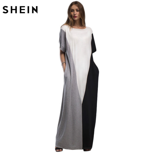 SHEIN Color Block Full Length Casual Dress With Pockets Maxi Dress Summer Multicolor Short Sleeve T-shirt Dress