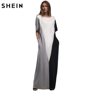 SHEIN Color Block Full Length Casual Dress With Pockets Maxi Dress Summer Multicolor Short Sleeve T-shirt Dress