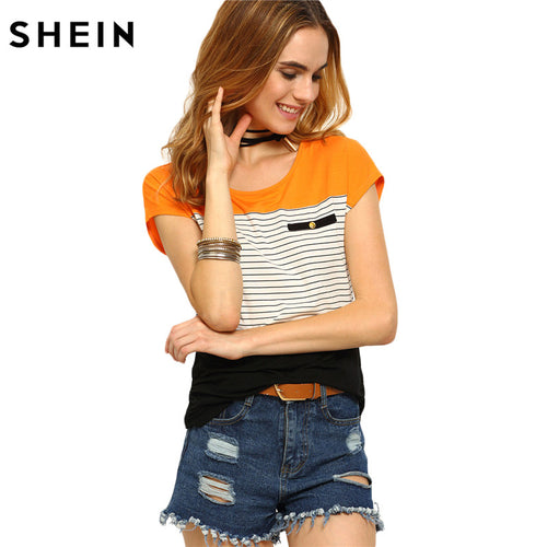 SHEIN Womens Round Neck Short Sleeve Casual Tees Multicolor Women Tops Summer Ladies Striped Color Block T-shirt