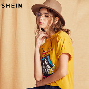 SHEIN Women Summer T shirt Yellow Cartoon Print T-shirt Women Tops Summer 2017 Womens Short Sleeve Casual T-Shirt