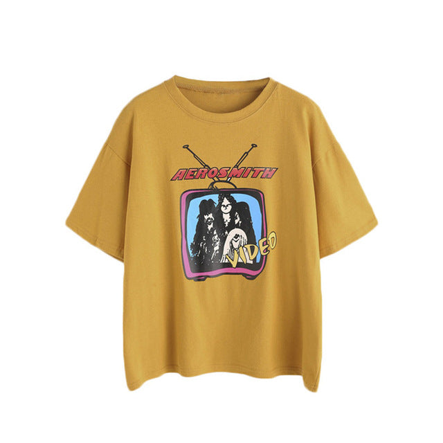 SHEIN Women Summer T shirt Yellow Cartoon Print T-shirt Women Tops Summer 2017 Womens Short Sleeve Casual T-Shirt