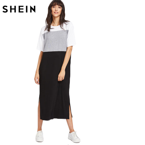 SHEIN Women Dress Summer 2017 Color Block Slit Side Tee Dress Summer Multicolor Short Sleeve Midi T-shirt Dress