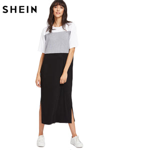 SHEIN Women Dress Summer 2017 Color Block Slit Side Tee Dress Summer Multicolor Short Sleeve Midi T-shirt Dress