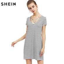 SHEIN Crisscross V Neck Striped Tee Dress Summer Dress 2017 Womens Black and White Short Sleeve Shift T-shirt Dress