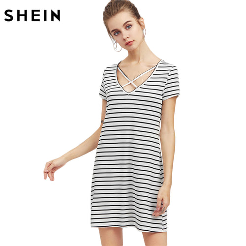 SHEIN Crisscross V Neck Striped Tee Dress Summer Dress 2017 Womens Black and White Short Sleeve Shift T-shirt Dress
