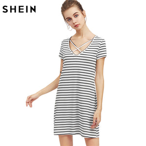 SHEIN Crisscross V Neck Striped Tee Dress Summer Dress 2017 Womens Black and White Short Sleeve Shift T-shirt Dress