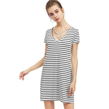 SHEIN Crisscross V Neck Striped Tee Dress Summer Dress 2017 Womens Black and White Short Sleeve Shift T-shirt Dress