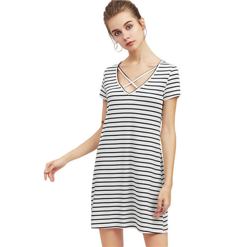 SHEIN Crisscross V Neck Striped Tee Dress Summer Dress 2017 Womens Black and White Short Sleeve Shift T-shirt Dress