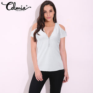 Celmia 2017 Summer New Casual Women Off Shoulder Short Sleeve T Shirt Sexy Zipper V Neck Fitted Tops Shirts Plus Size T-Shirts