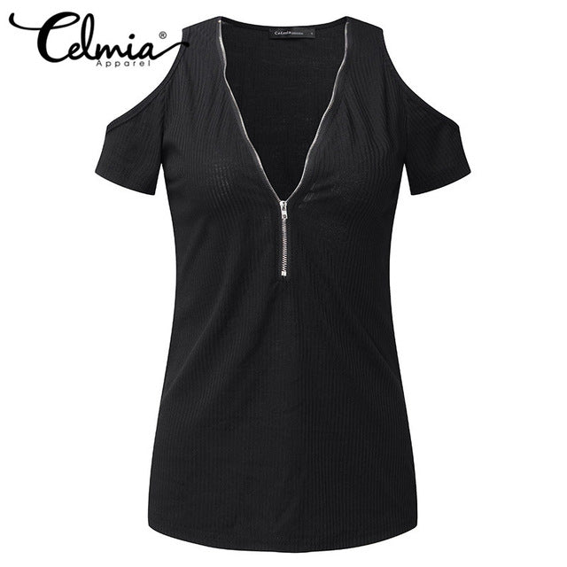 Celmia 2017 Summer New Casual Women Off Shoulder Short Sleeve T Shirt Sexy Zipper V Neck Fitted Tops Shirts Plus Size T-Shirts