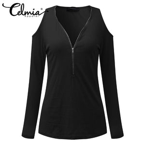 Celmia 2017 Summer New Casual Women Off Shoulder Short Sleeve T Shirt Sexy Zipper V Neck Fitted Tops Shirts Plus Size T-Shirts