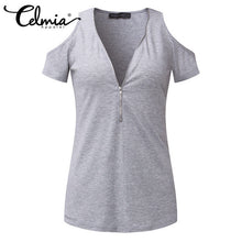 Celmia 2017 Summer New Casual Women Off Shoulder Short Sleeve T Shirt Sexy Zipper V Neck Fitted Tops Shirts Plus Size T-Shirts