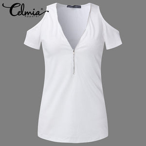 Celmia 2017 Summer New Casual Women Off Shoulder Short Sleeve T Shirt Sexy Zipper V Neck Fitted Tops Shirts Plus Size T-Shirts