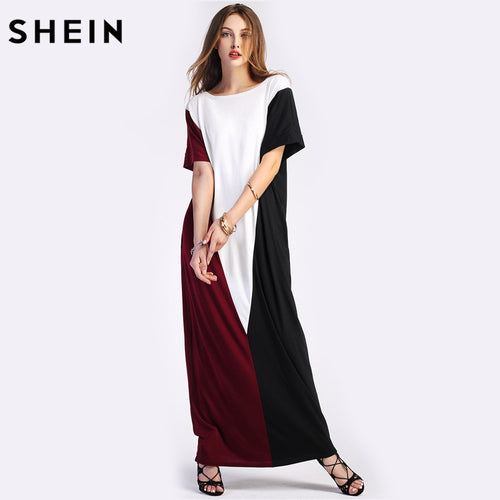 SHEIN Color Block Full Length Dress With Pockets Summer Dresses Casual Short Sleeve T-shirt Dress Maxi Long Dresses