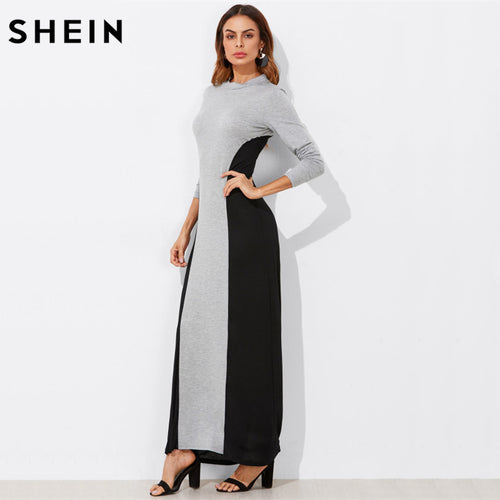 SHEIN Two Tone Cut and Sew Full Length Dress Black and Grey Color Block Long Sleeve Maxi Dress A Line T-shirt Dress