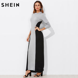 SHEIN Two Tone Cut and Sew Full Length Dress Black and Grey Color Block Long Sleeve Maxi Dress A Line T-shirt Dress