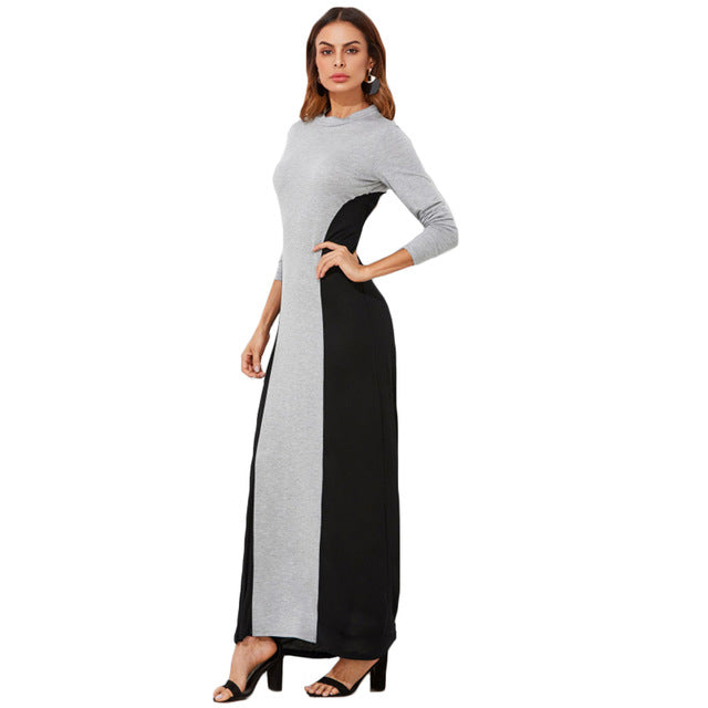 SHEIN Two Tone Cut and Sew Full Length Dress Black and Grey Color Block Long Sleeve Maxi Dress A Line T-shirt Dress