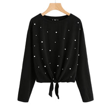 SHEIN Pearl Beaded Knot Front Cute Tee Shirt Black Casual T shirt for Women Long Sleeve Round Neck Women T-shirts