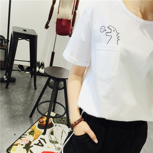 EAST KNITTING H487 New 2016 Summer Korean Style Fashion Loose Girl Women's O-neck Short Sleeve Dinosaurs Print Women T shirt